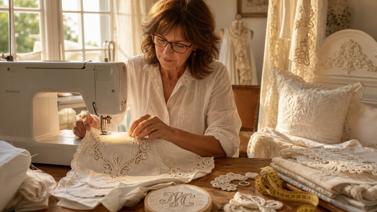 Mulher costurando tecido branco com bordados elegantes em máquina de costura em ambiente iluminado.