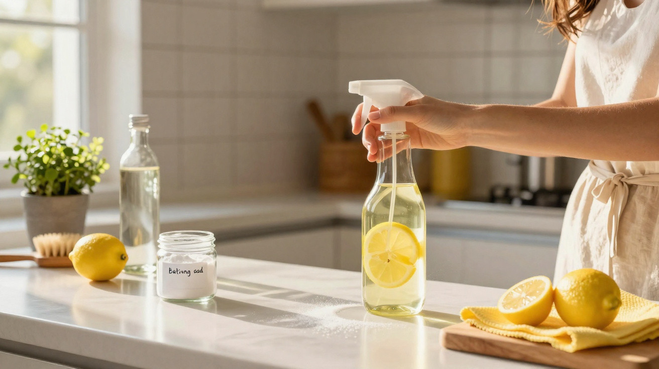 Pessoa preparando produto de limpeza caseiro em spray com limão na cozinha iluminada pela luz natural.