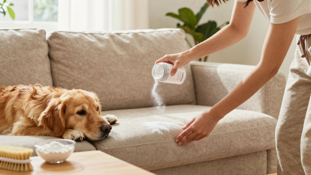 Pessoa aplicando pó para limpar pelos de cachorro em sofá bege, com Golden Retriever deitado ao lado.