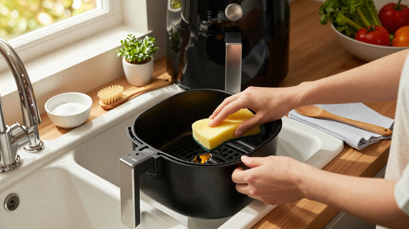 Pessoa limpando cesto de air fryer com esponja amarela em pia de cozinha iluminada pela janela.