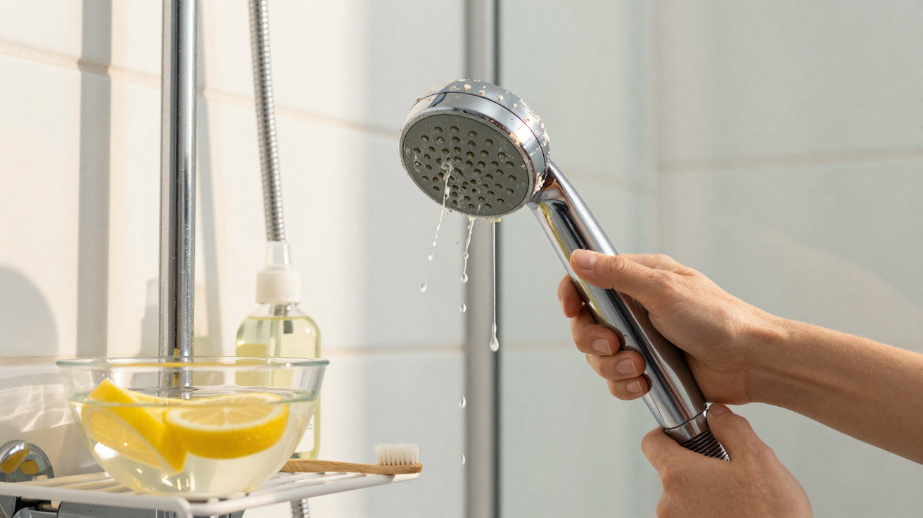 Mãos segurando chuveirinho de metal com gotas de água pingando em banheiro claro com sabonete líquido e tigela com limão.