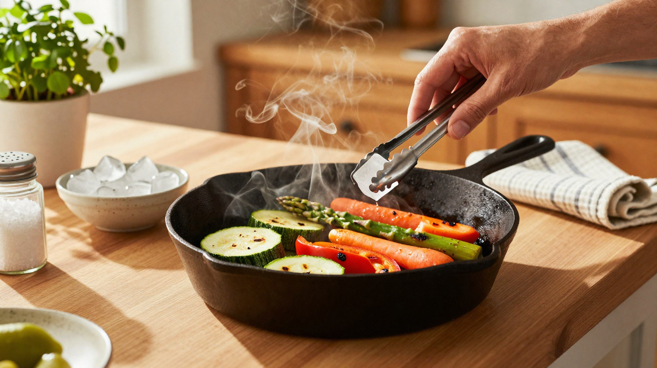Mão usando pegador para cozinhar cenouras, abobrinha e aspargos em frigideira de ferro em cozinha iluminada.