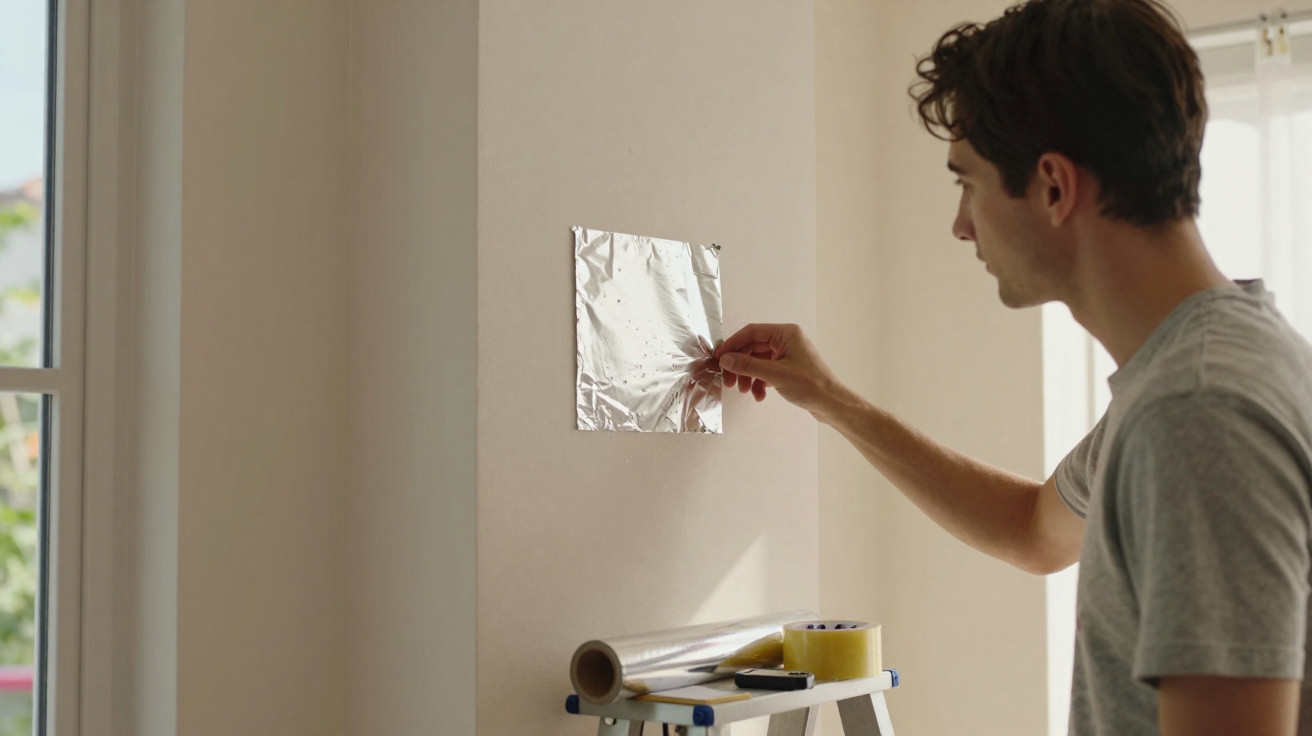 Homem aplicando folha de alumínio em parede clara dentro de casa, com materiais sobre escada.