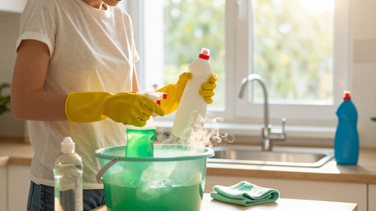 Pessoa com luvas amarelas preparando solução de limpeza em balde verde em cozinha iluminada pela janela.