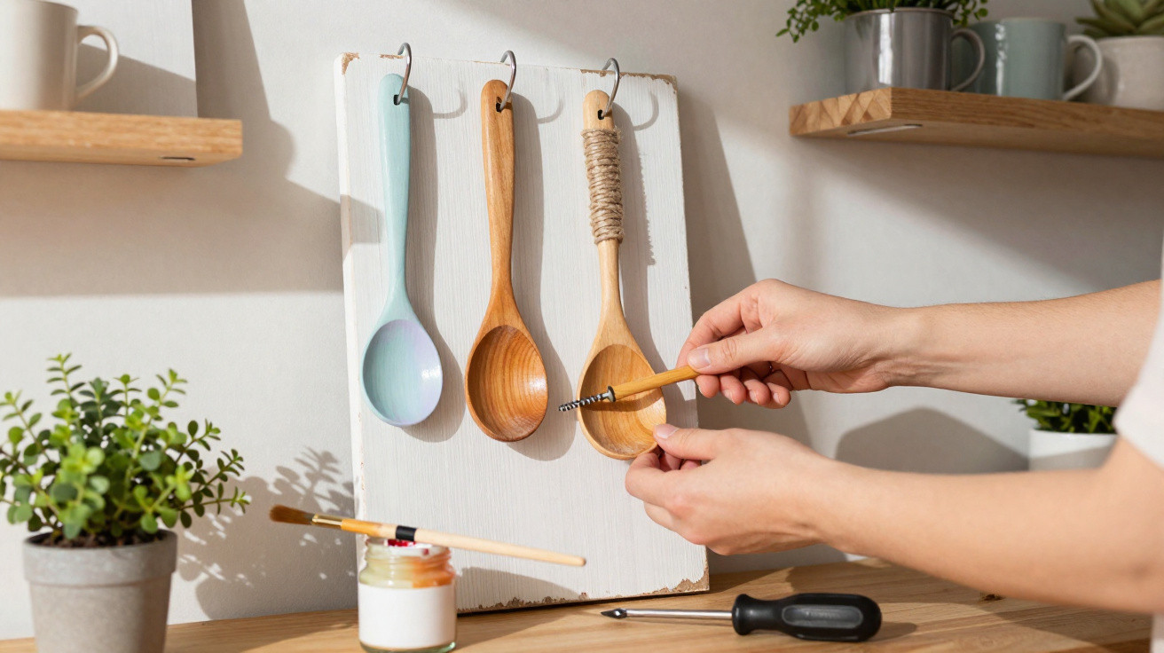 Pessoa limpando colher de madeira com escova pequena em cozinha bem iluminada com utensílios pendurados.