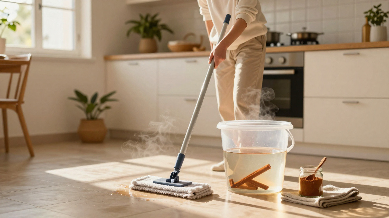 Pessoa limpando chão com esfregão e balde com pau de canela em cozinha clara ensolarada.