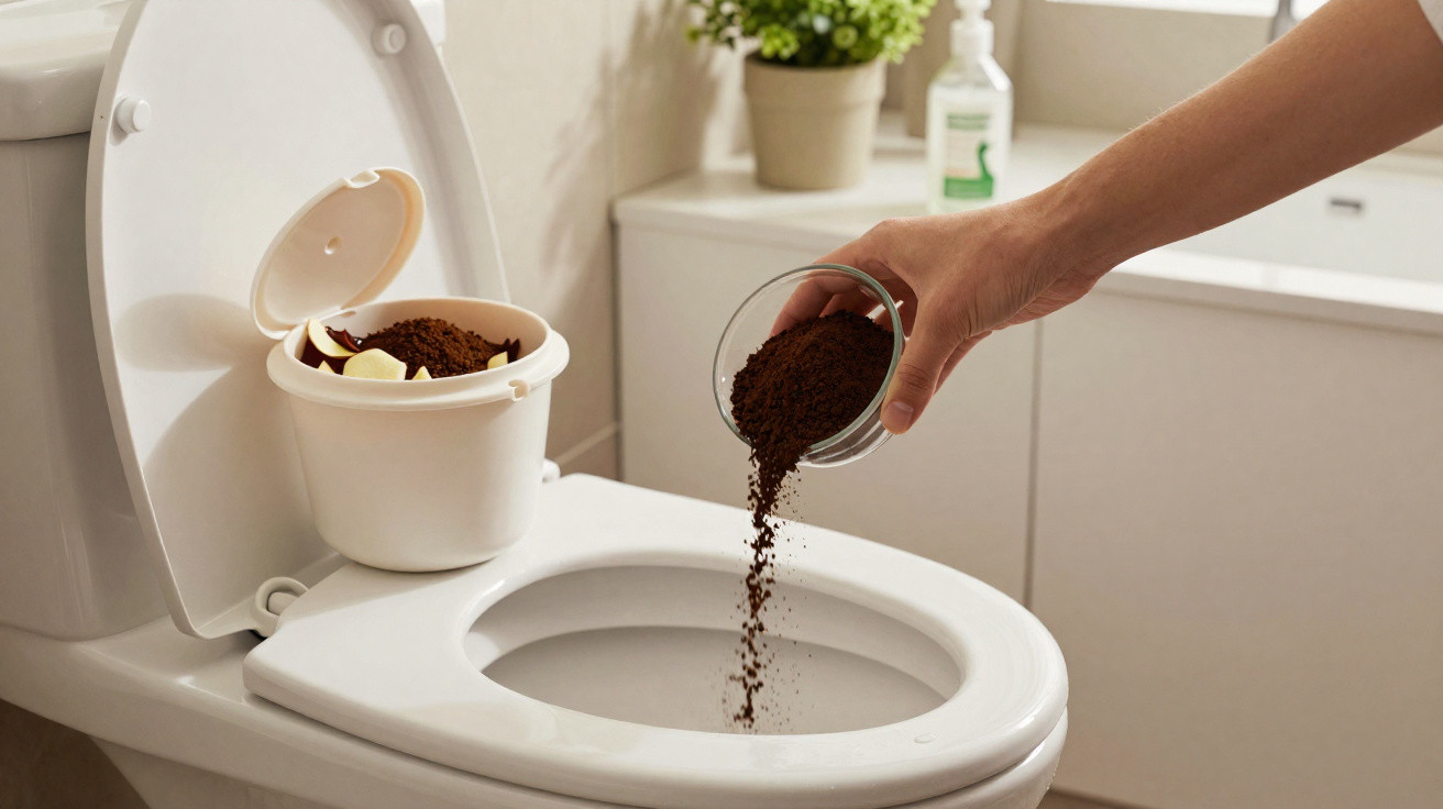 Pessoa despejando borra de café no vaso sanitário para limpeza ou desodorização do banheiro.