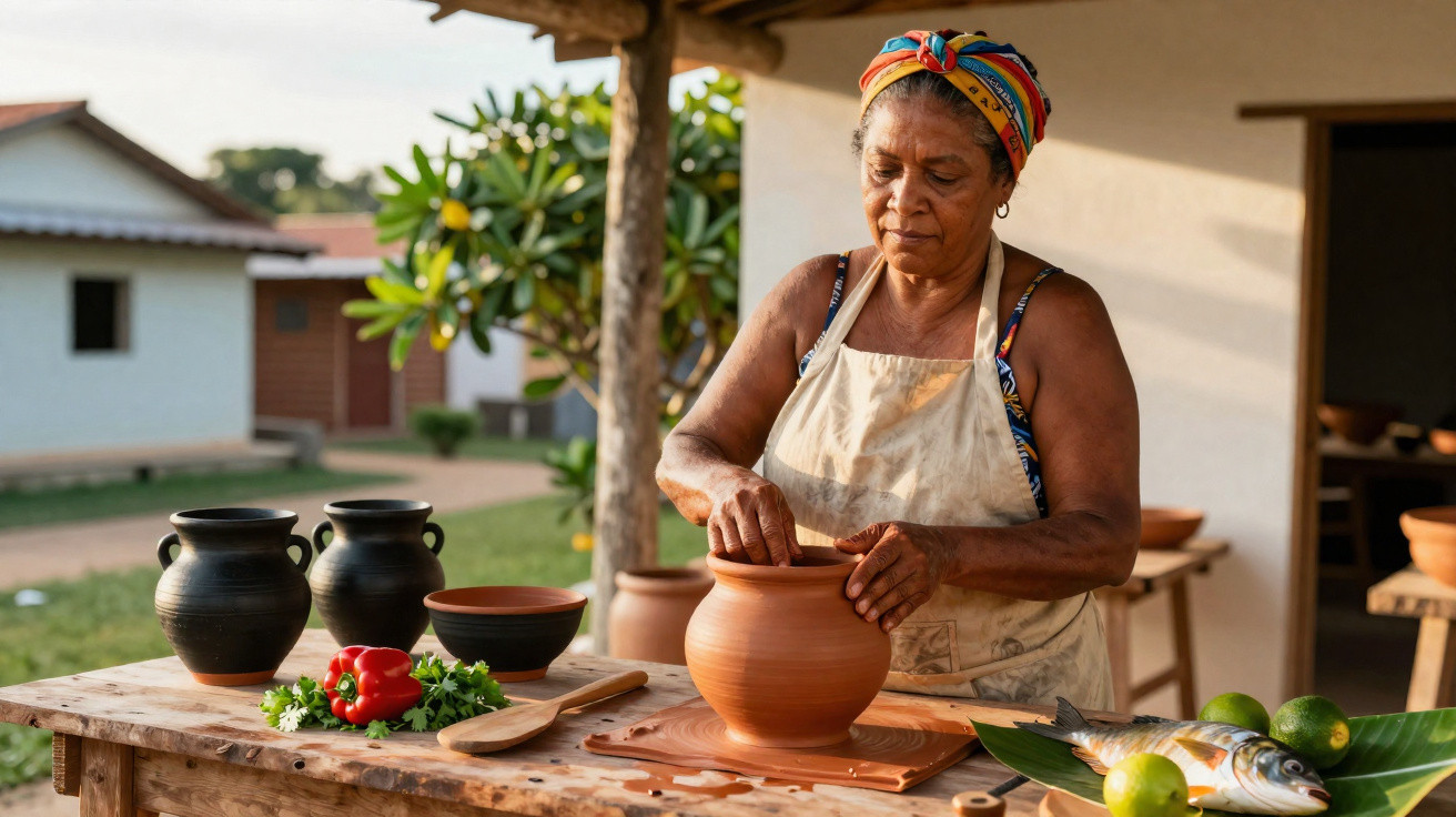 Mulher idosa modela vaso de barro artesanalmente em mesa com vegetais, peixe e utensílios ao ar livre.