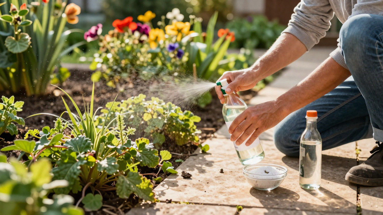 Pessoa borrifando água em plantas de jardim com flores coloridas ao fundo em dia ensolarado.