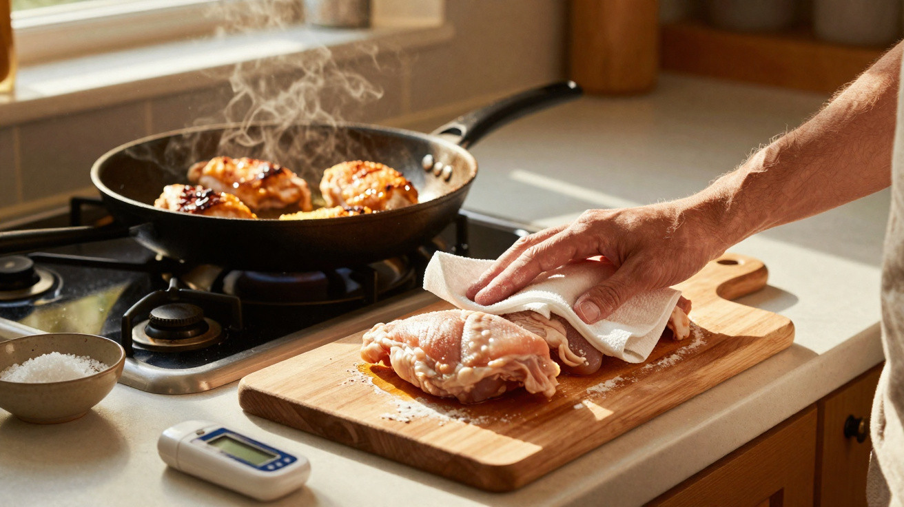 Pessoa secando pedaço cru de frango sobre tábua em cozinha com frango sendo frito em frigideira.