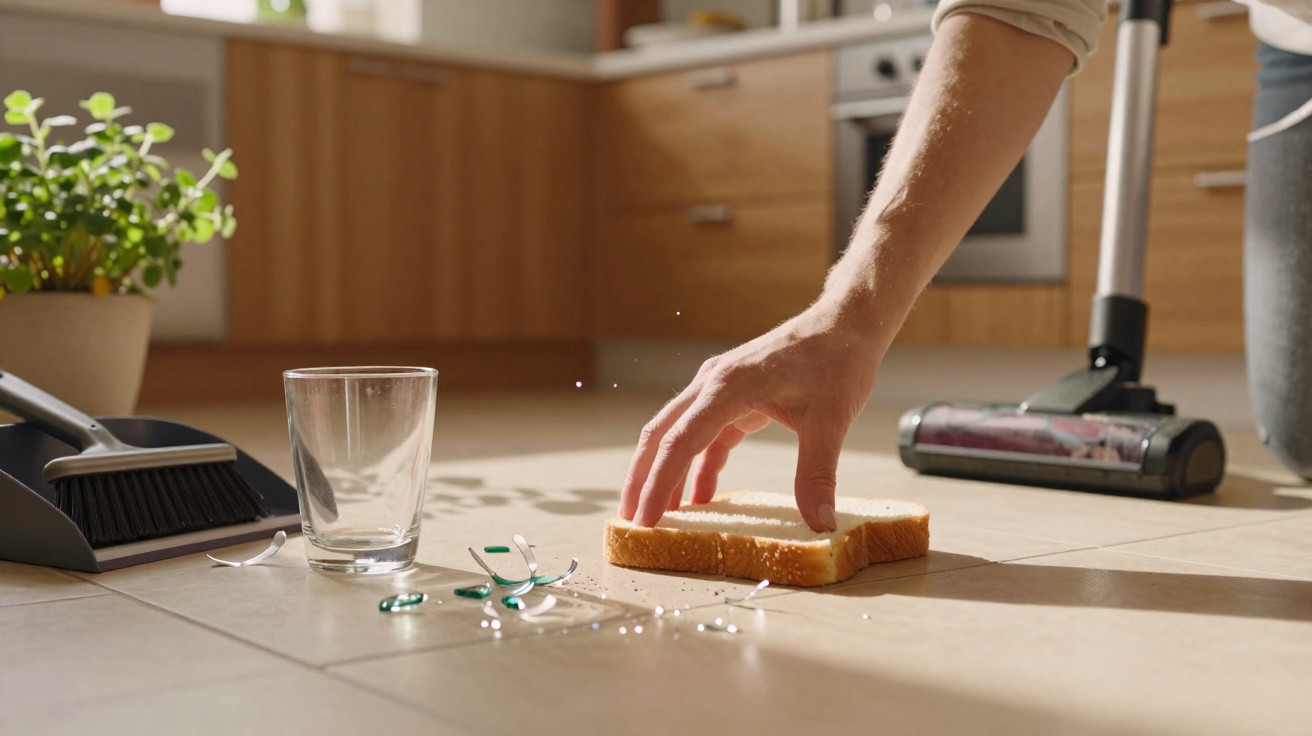 Pessoa usando fatia de pão para recolher cacos de vidro de copo quebrado no chão da cozinha.