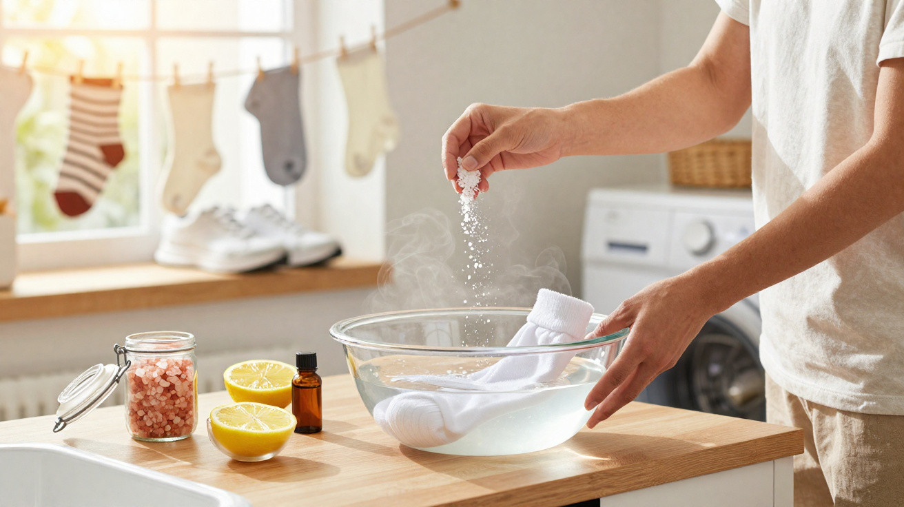 Pessoa colocando sal em uma bacia com água quente para lavar meia branca na cozinha.