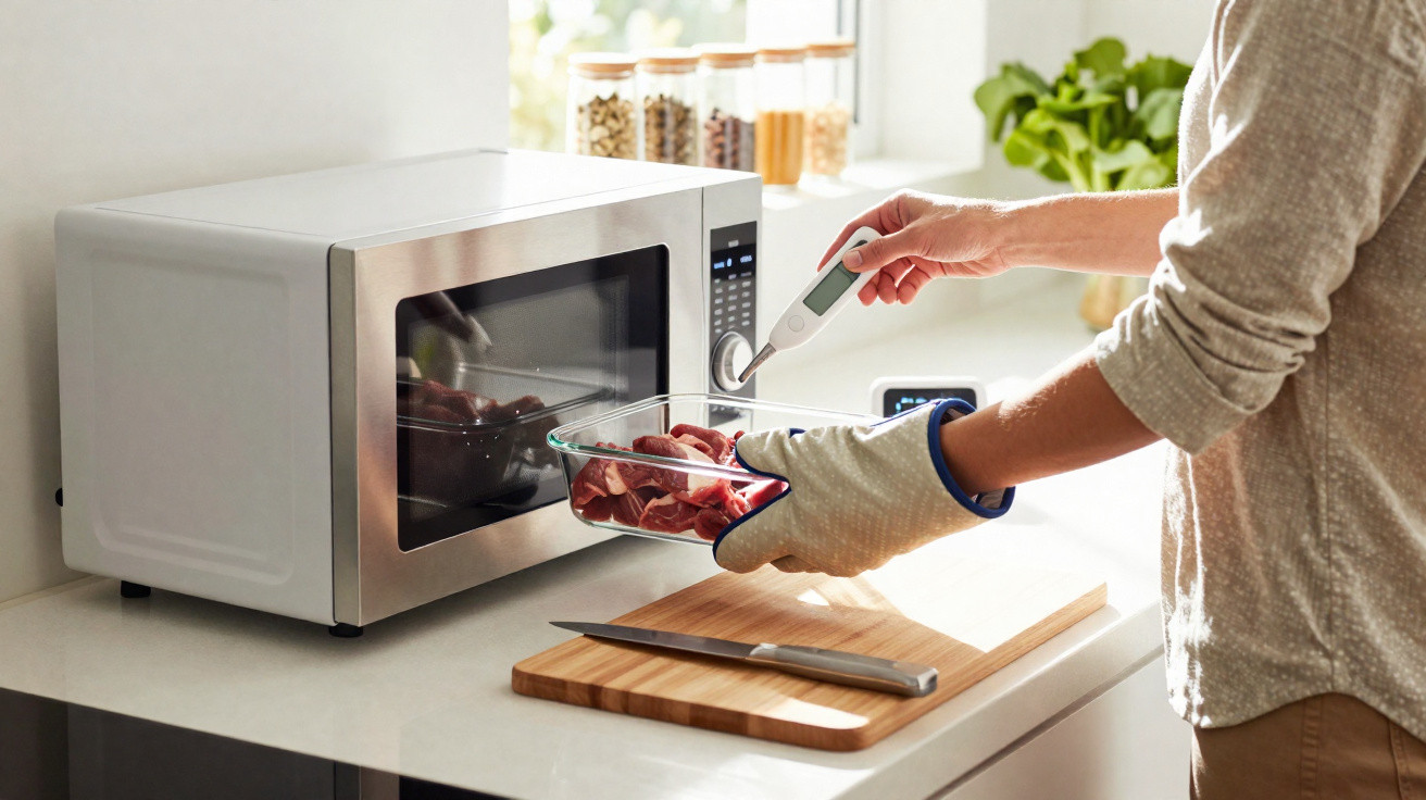 Pessoa usando luva térmica e termômetro ao colocar recipiente com carne em micro-ondas em cozinha clara.