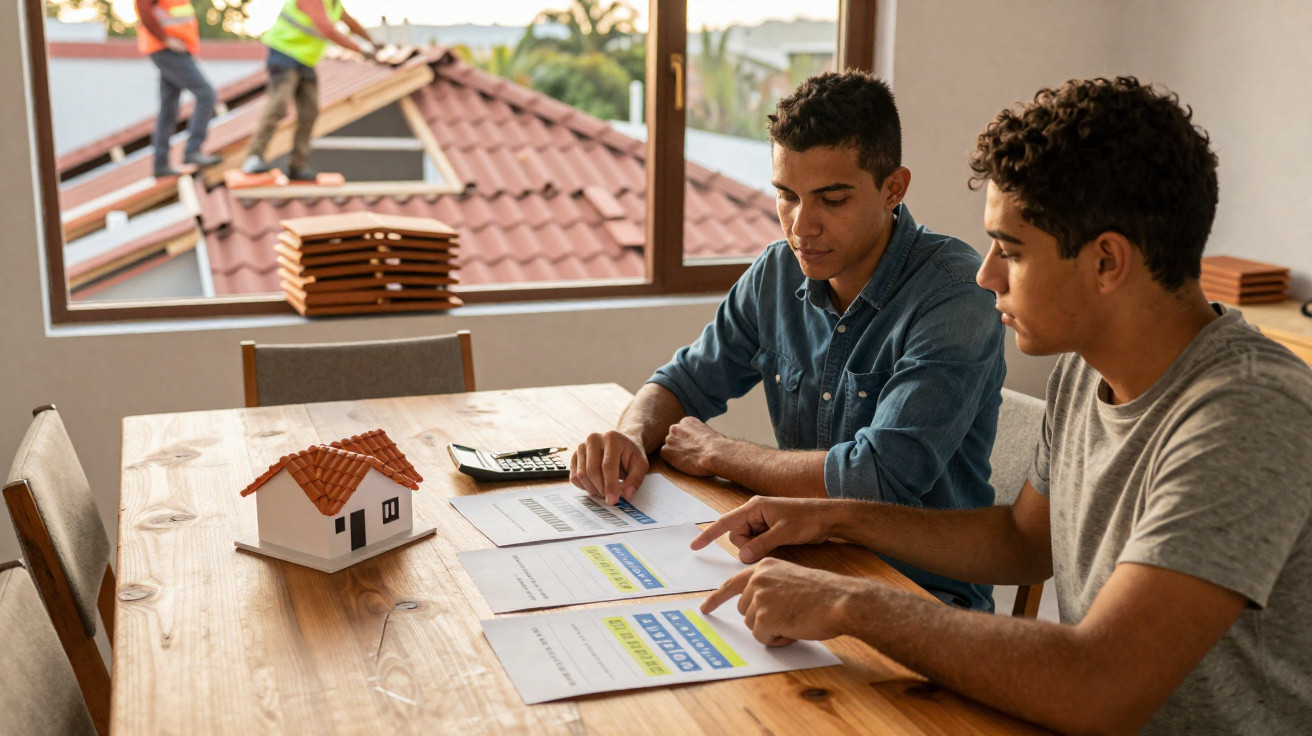 Dois homens analisam documentos na mesa com miniatura de casa e calculadora, enquanto trabalhadores instalam telhado.