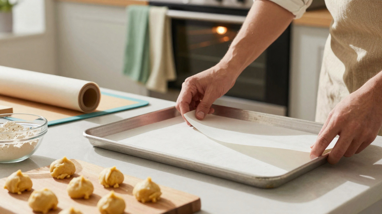 Pessoa colocando papel manteiga em assadeira para preparar biscoitos em cozinha.