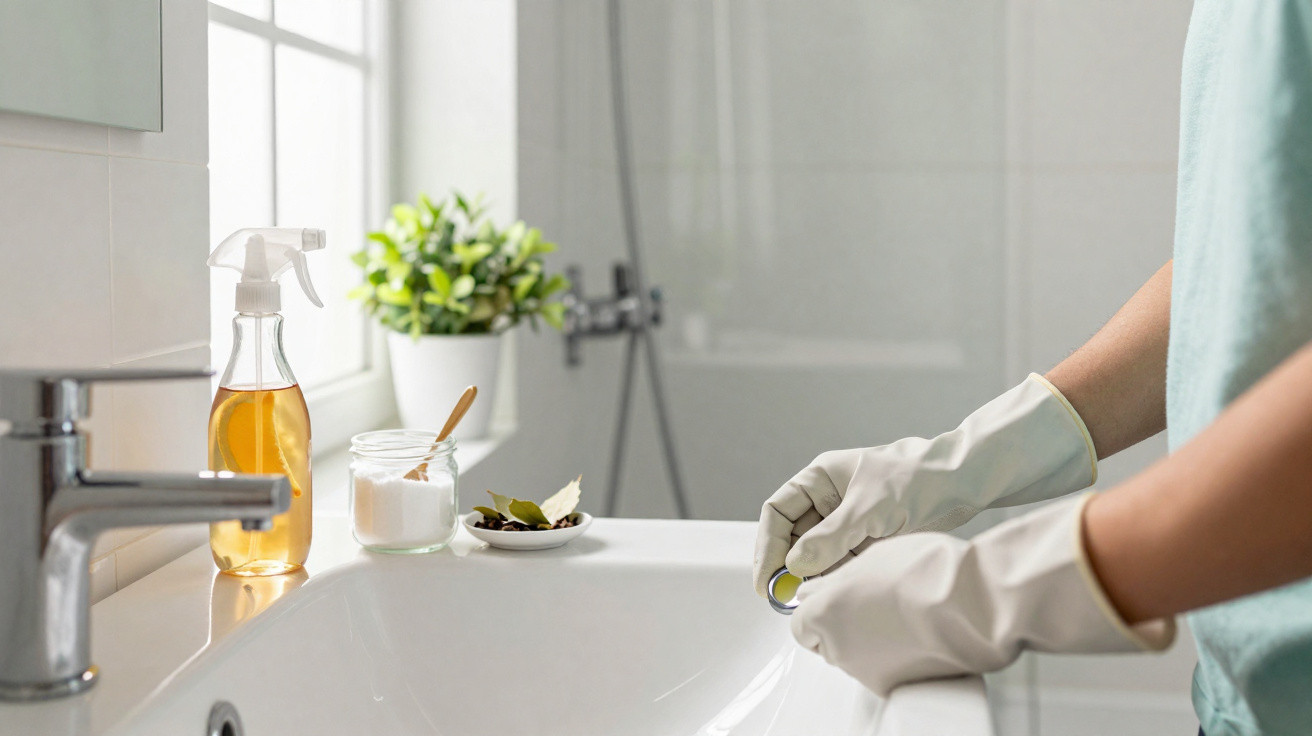 Pessoa com luvas brancas limpando pia de banheiro com produtos naturais ao lado e planta decorativa.