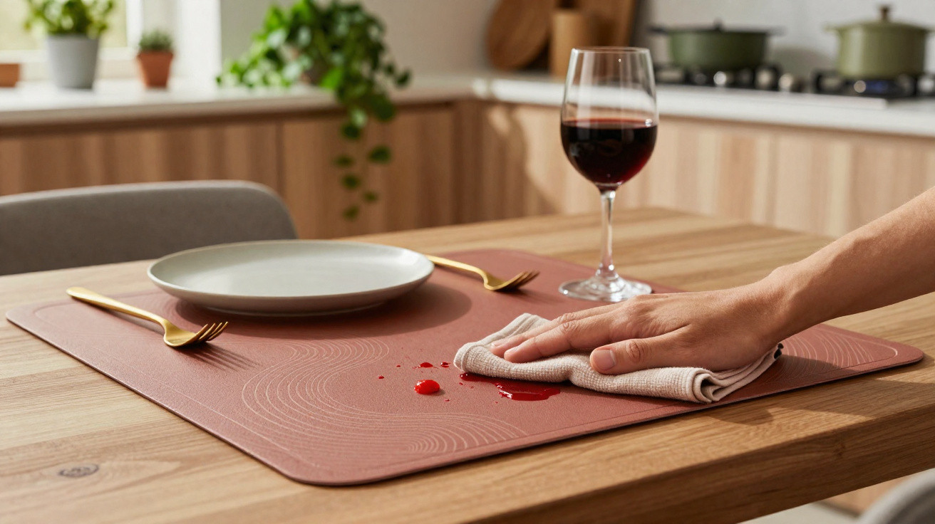 Pessoa limpando gotas de vinho tinto derramado em um jogo americano na mesa de jantar.