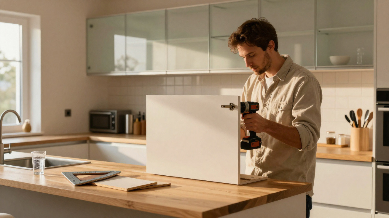 Homem montando móvel branco na cozinha usando furadeira elétrica em bancada de madeira.