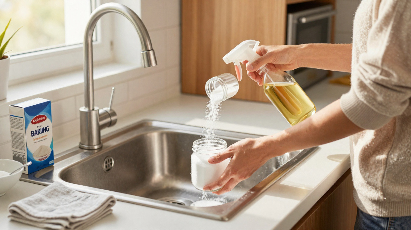 Pessoa despejando bicarbonato de sódio em pote na pia de cozinha enquanto segura borrifador com líquido amarelo.