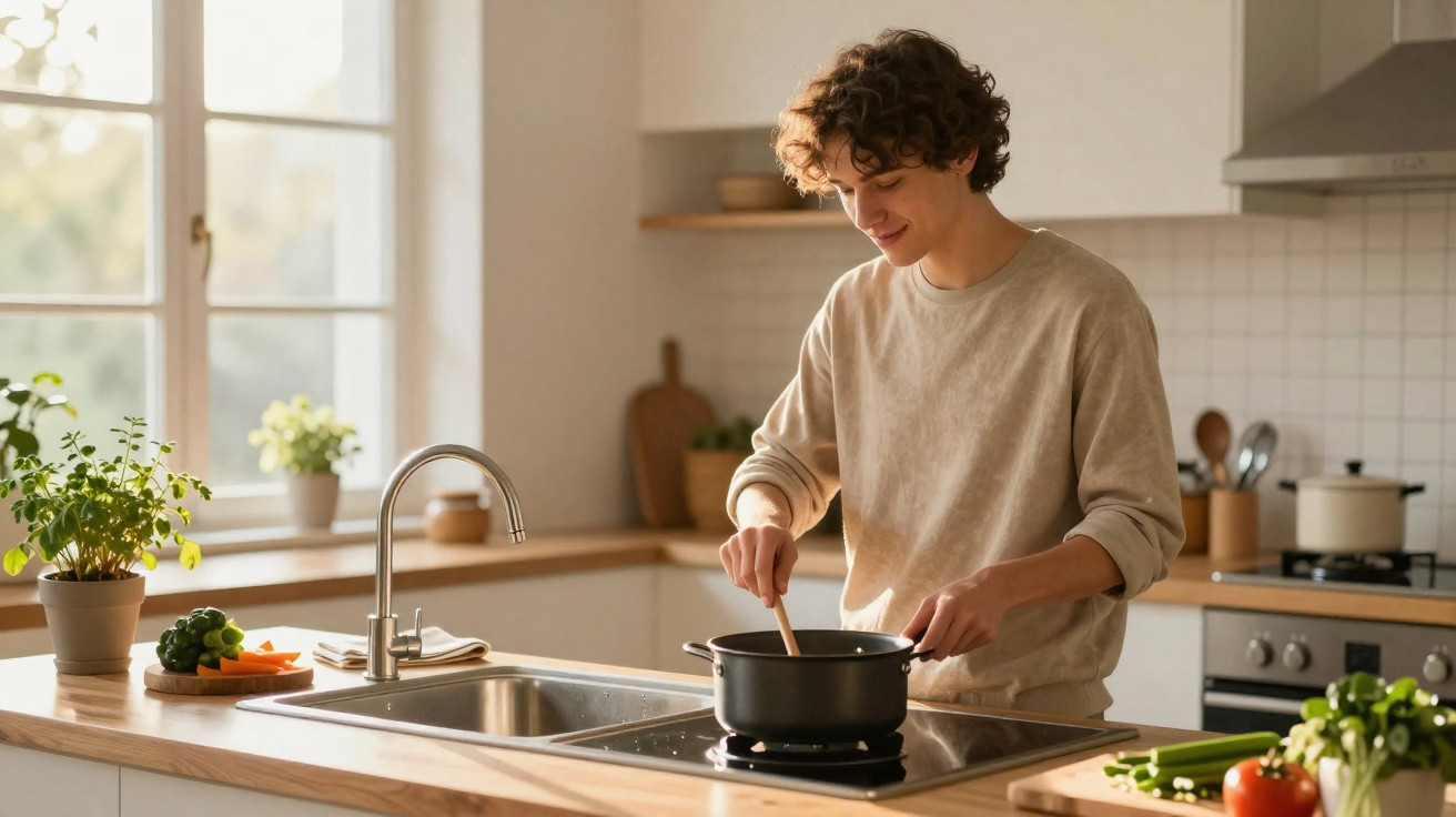 Jovem cozinhando em panela preta em cozinha iluminada, com legumes e plantas ao redor.