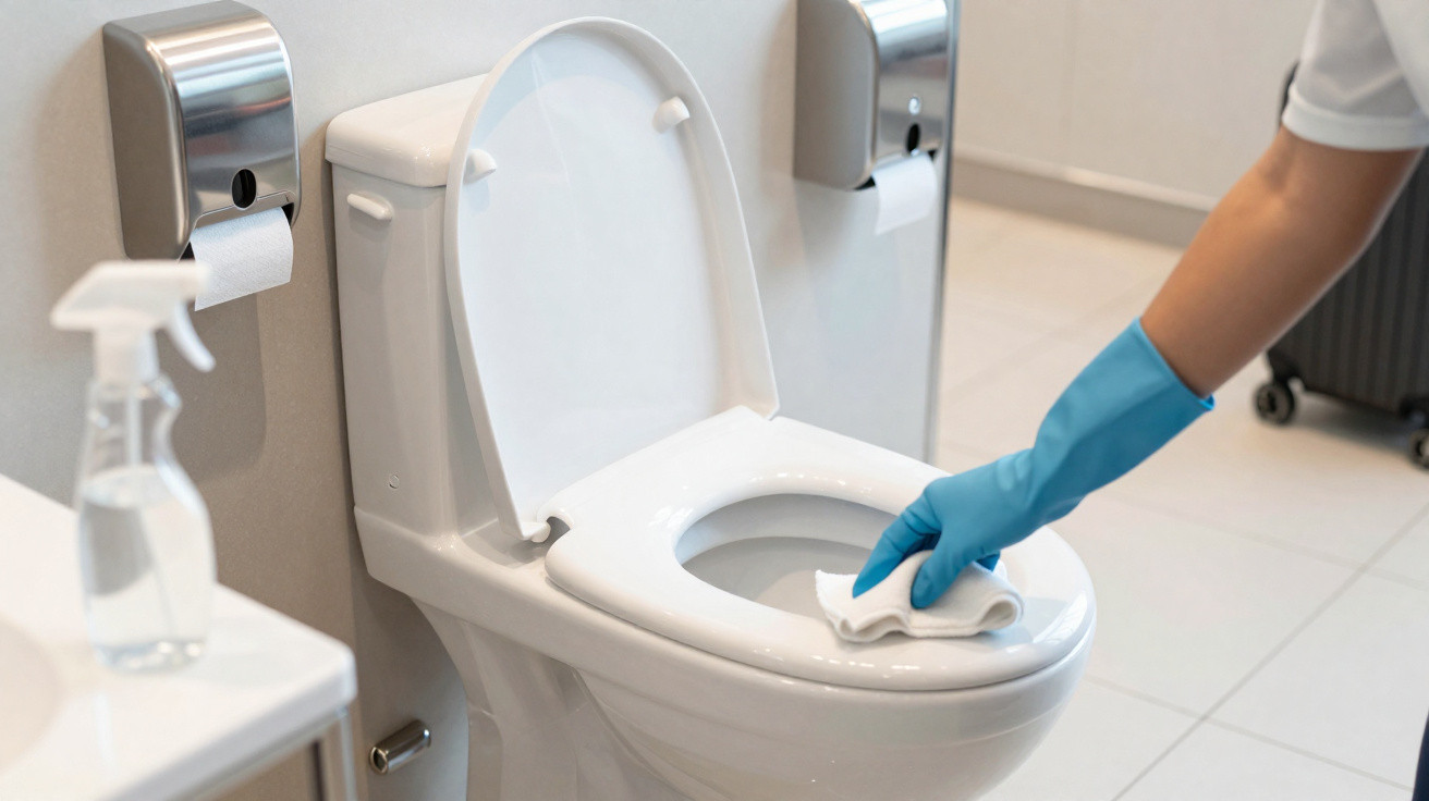 Pessoa com luva azul limpando assento do vaso sanitário branco em banheiro limpo e moderno