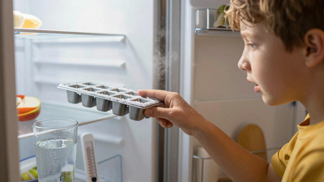 Criança colocando forma de gelo vaporosa no freezer de geladeira aberta.