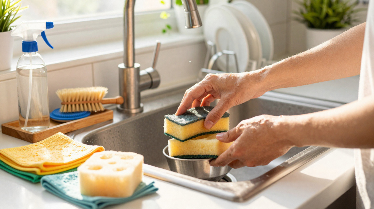 Mãos seguram esponjas sobre pia com utensílio de inox, próximo a panos, escova e borrifador de limpeza.