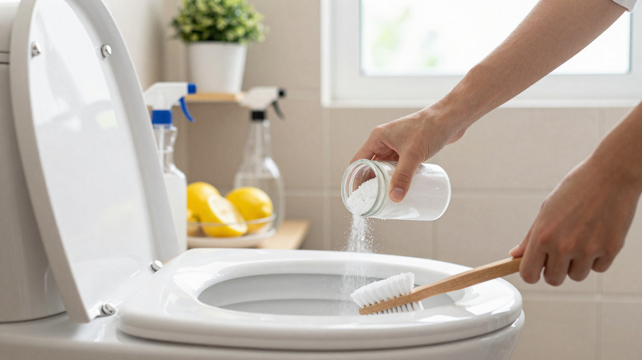 Pessoa despejando bicarbonato de sódio em escova para limpar vaso sanitário branco, com produtos de limpeza ao fundo.