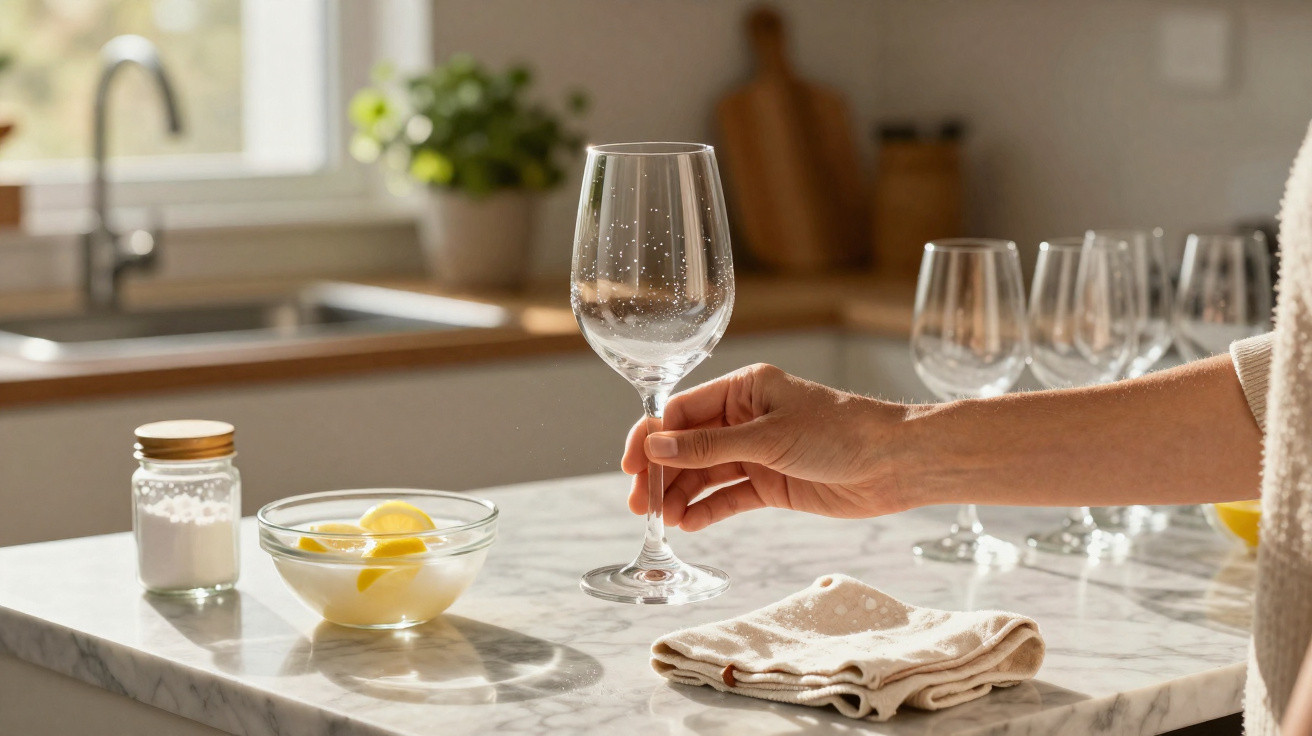 Pessoa limpando taça de vinho com pano em pia de cozinha iluminada pelo sol.
