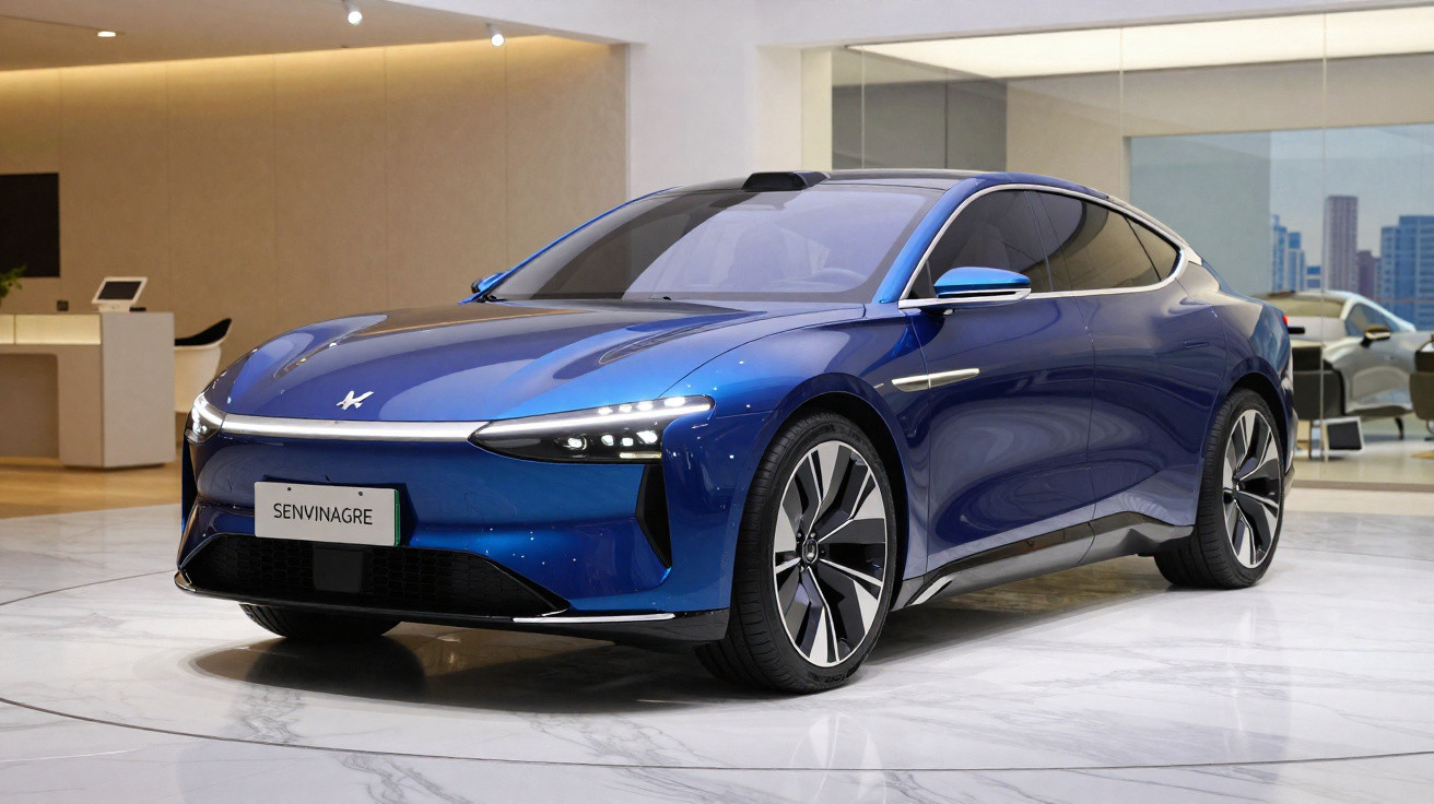 Carro elétrico azul moderno em exposição interna com design aerodinâmico e faróis LED finos.
