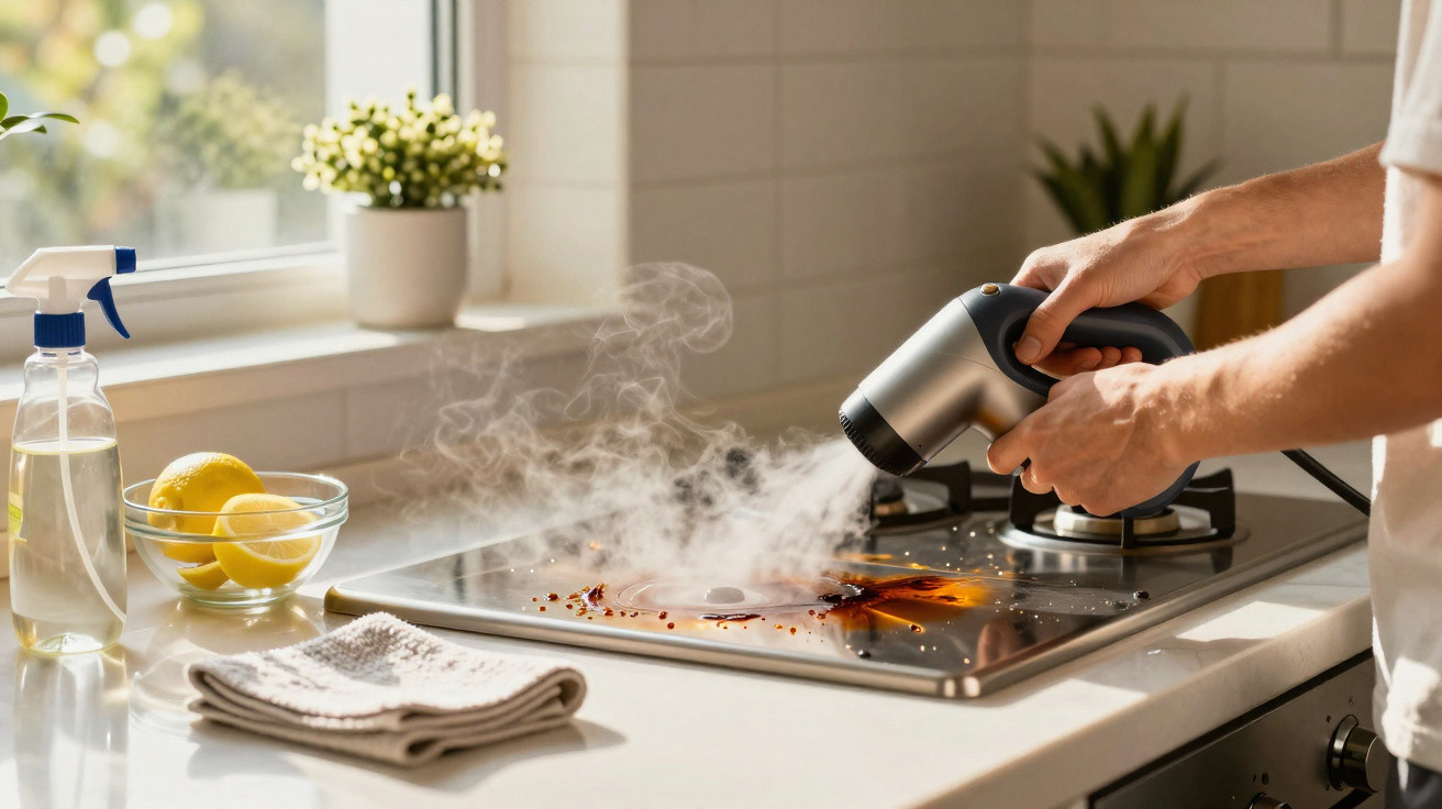Pessoa limpando fogão com vapor quente usando aparelho portátil em cozinha clara e organizada.