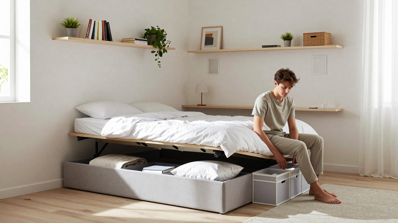 Quarto minimalista com cama elevada para armazenamento e jovem sentado na ponta da cama.