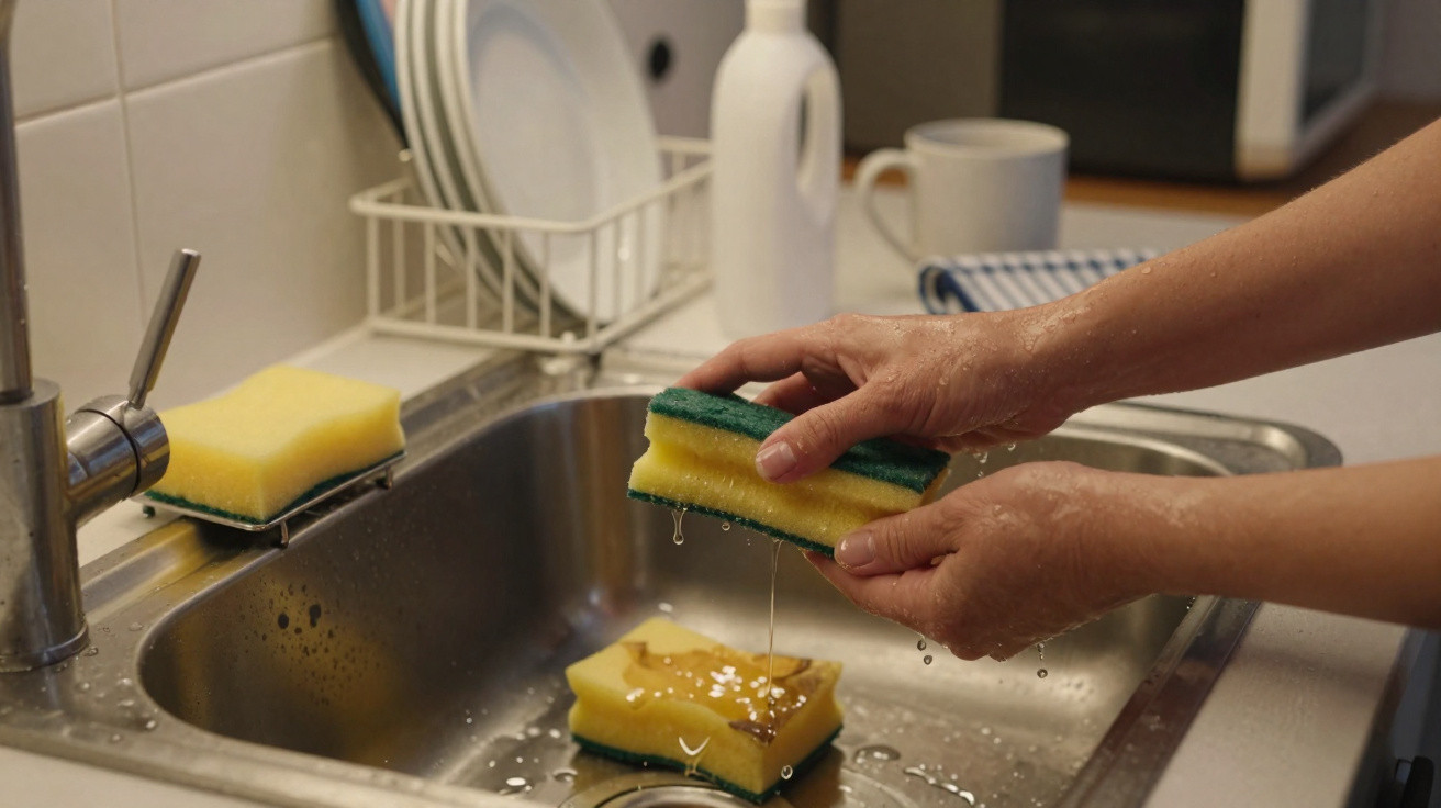 Pessoa espremendo esponja molhada na pia da cozinha com outros utensílios ao fundo.