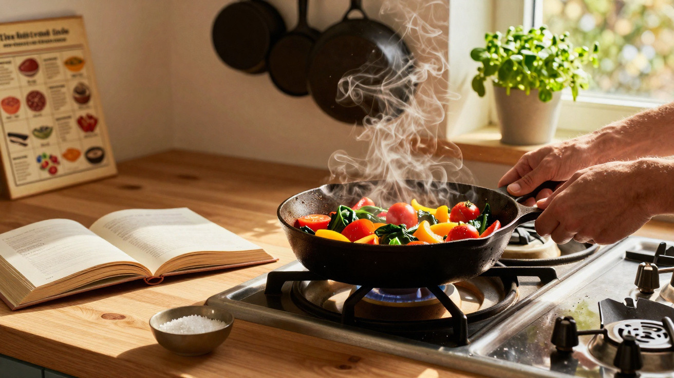 Mãos segurando frigideira com legumes coloridos cozinhando no fogão a gás, livro de receitas aberto na bancada.