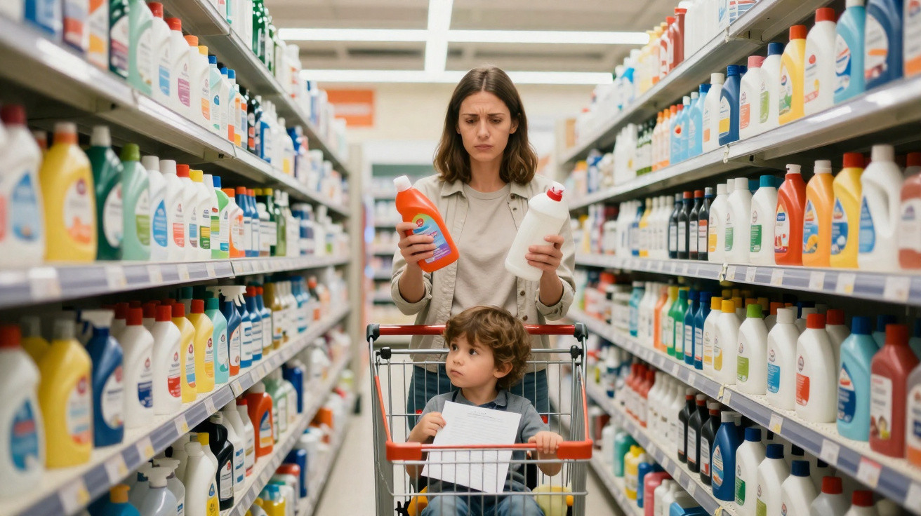 Mulher comparando produtos de limpeza ao lado do carrinho com criança em corredor de supermercado.