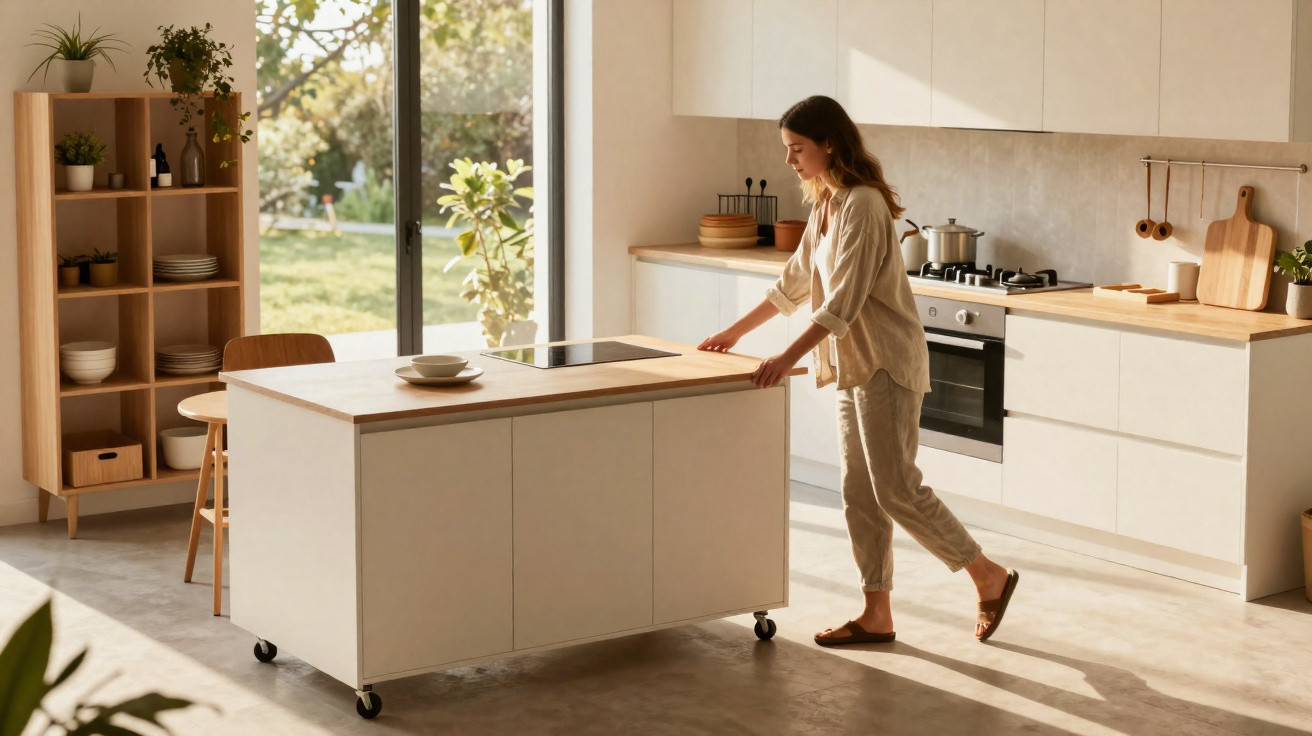 Mulher movendo ilha de cozinha sobre rodízios em ambiente iluminado e decoração minimalista.