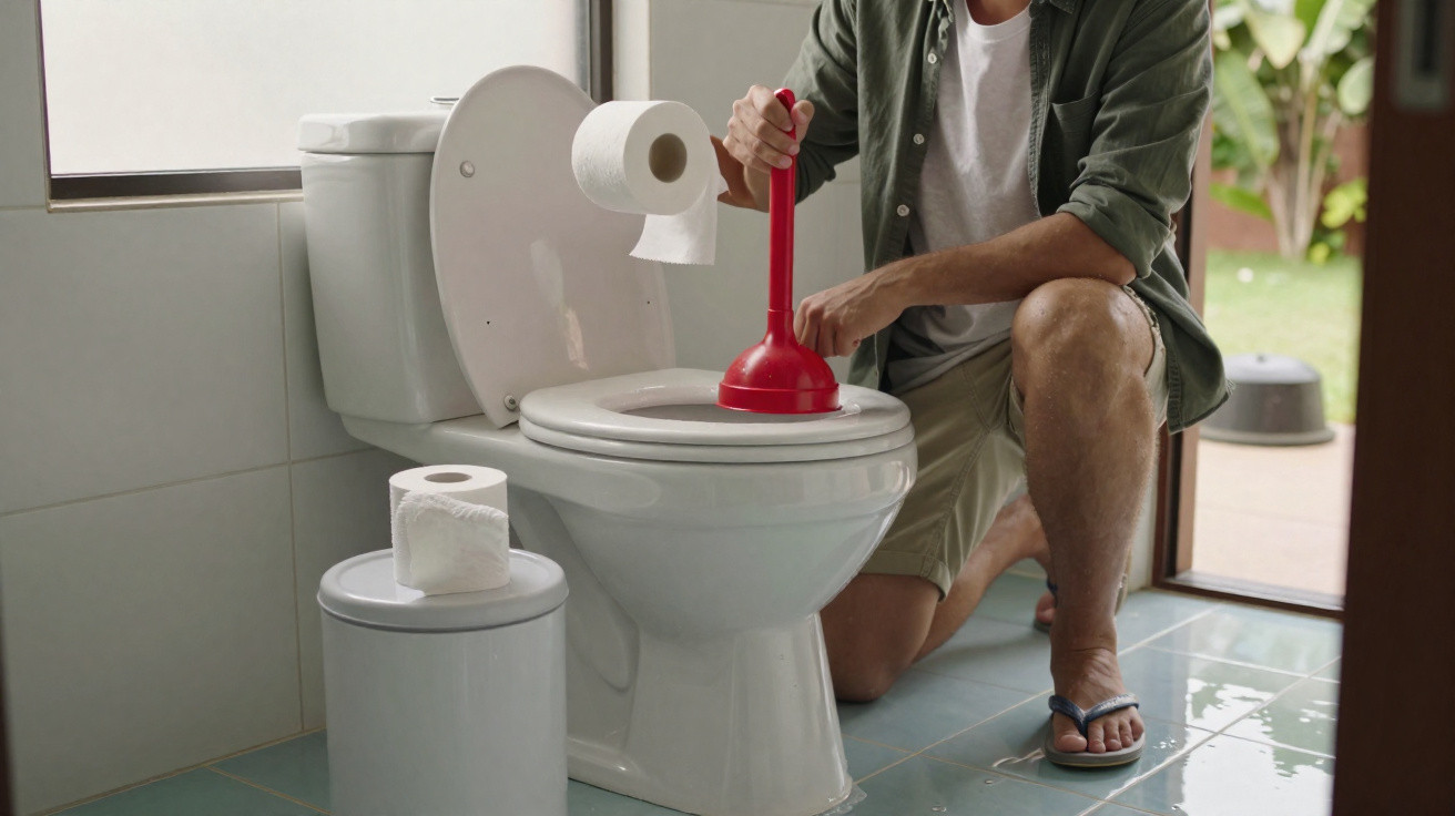 Homem usando desentupidor no vaso sanitário dentro de banheiro com janela aberta.