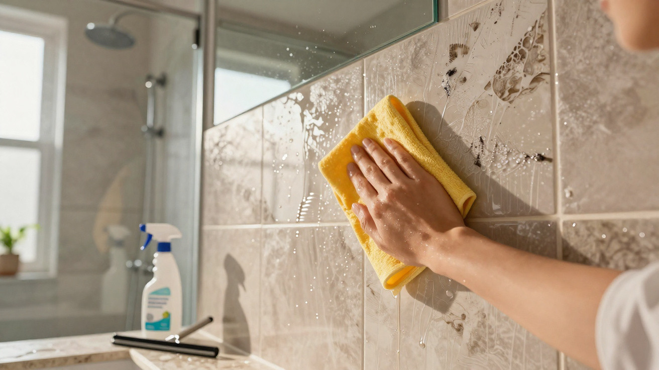 Pessoa limpando azulejos de banheiro com pano amarelo e spray de limpeza ao fundo.
