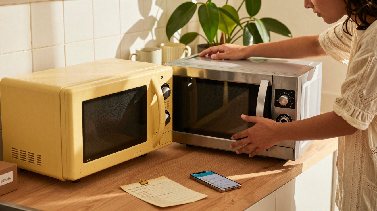 Pessoa ajustando micro-ondas inox ao lado de micro-ondas amarelo em bancada de cozinha com planta ao fundo.