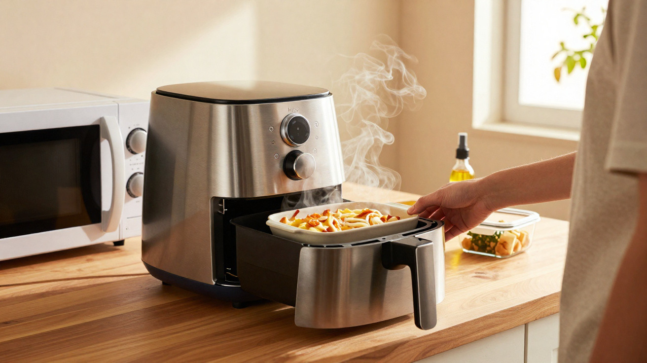 Pessoa retirando recipiente com batatas fritas quentes de uma air fryer em uma cozinha iluminada.