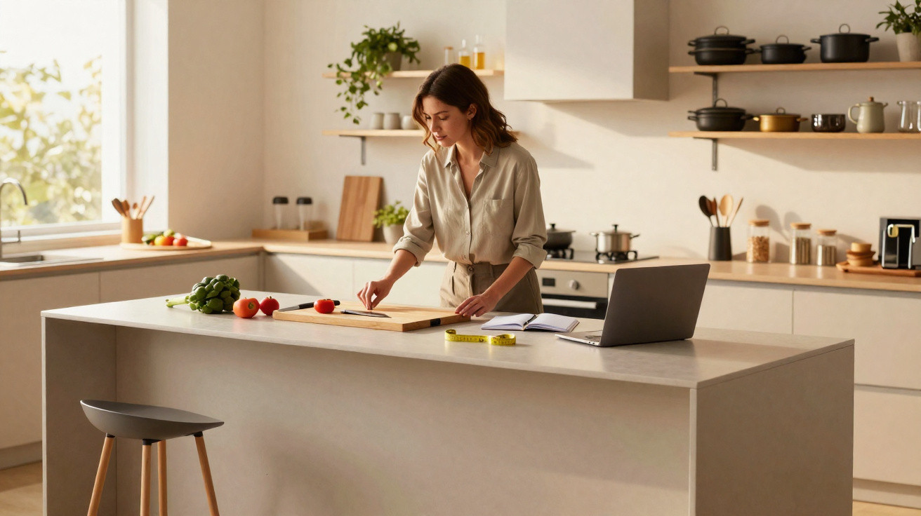 Mulher cortando tomate em cozinha moderna com laptop e utensílios domésticos ao redor.