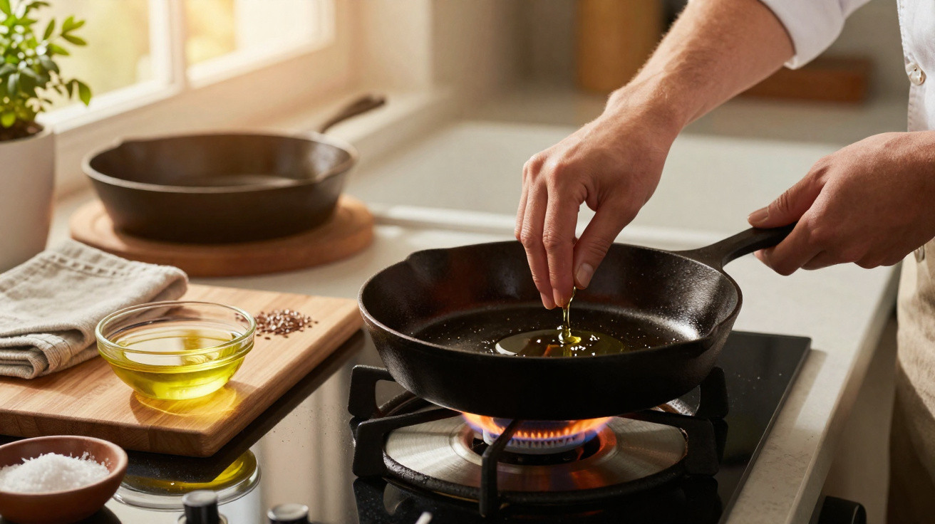 Mãos derramando óleo em frigideira de ferro fundido sobre fogão a gás em cozinha iluminada.