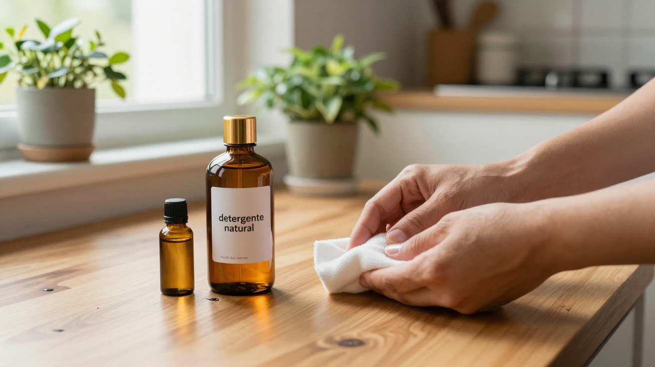 Mãos limpando superfície de madeira com pano branco e duas garrafas de detergente natural sobre a mesa.