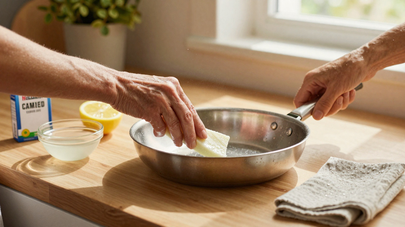 Mãos envelhecidas limpando frigideira com pano perto de limão, recipiente com líquido e toalha sobre bancada de madeira.