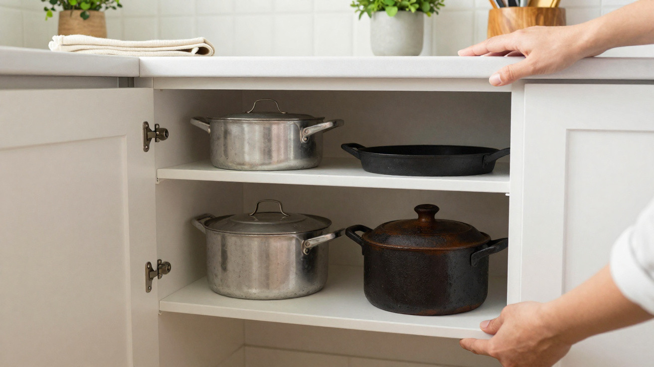 Armário de cozinha branco aberto com panelas de ferro e aço inox organizadas nas prateleiras.