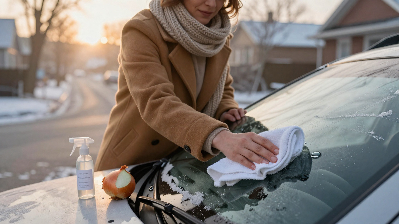 Mulher limpando para-brisa congelado de carro com pano na rua durante o inverno ao pôr do sol.