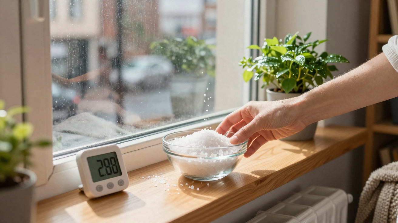 Mão segurando tigela de sal grosso em parapeito com termômetro marcando 28,8°C, plantas e janela com gotas.
