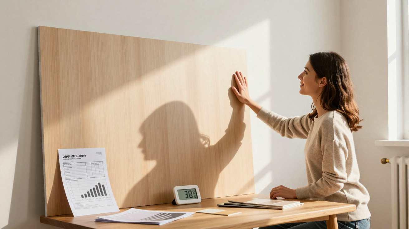 Jovem mulher sentada à mesa iluminada pelo sol, encostando a mão em painel de madeira com gráficos e papéis.