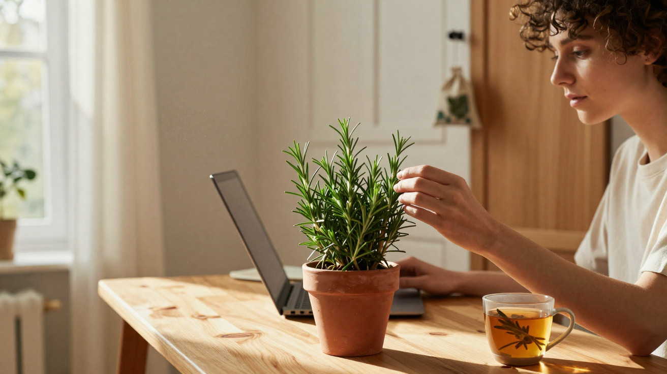 Pessoa cuidando de planta em vaso sobre mesa de madeira com notebook e xícara de chá.