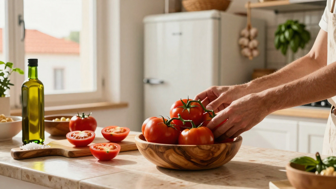 Pessoa organizando tomates em uma tigela de madeira em cozinha clara com bancada de mármore.